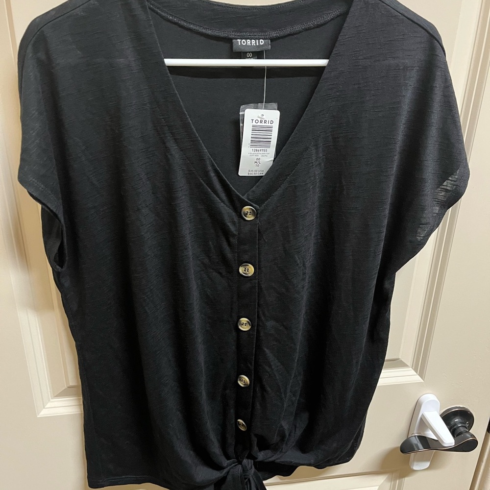 Torrid Black Cap Sleeve Button Down Shirt with Tie Front